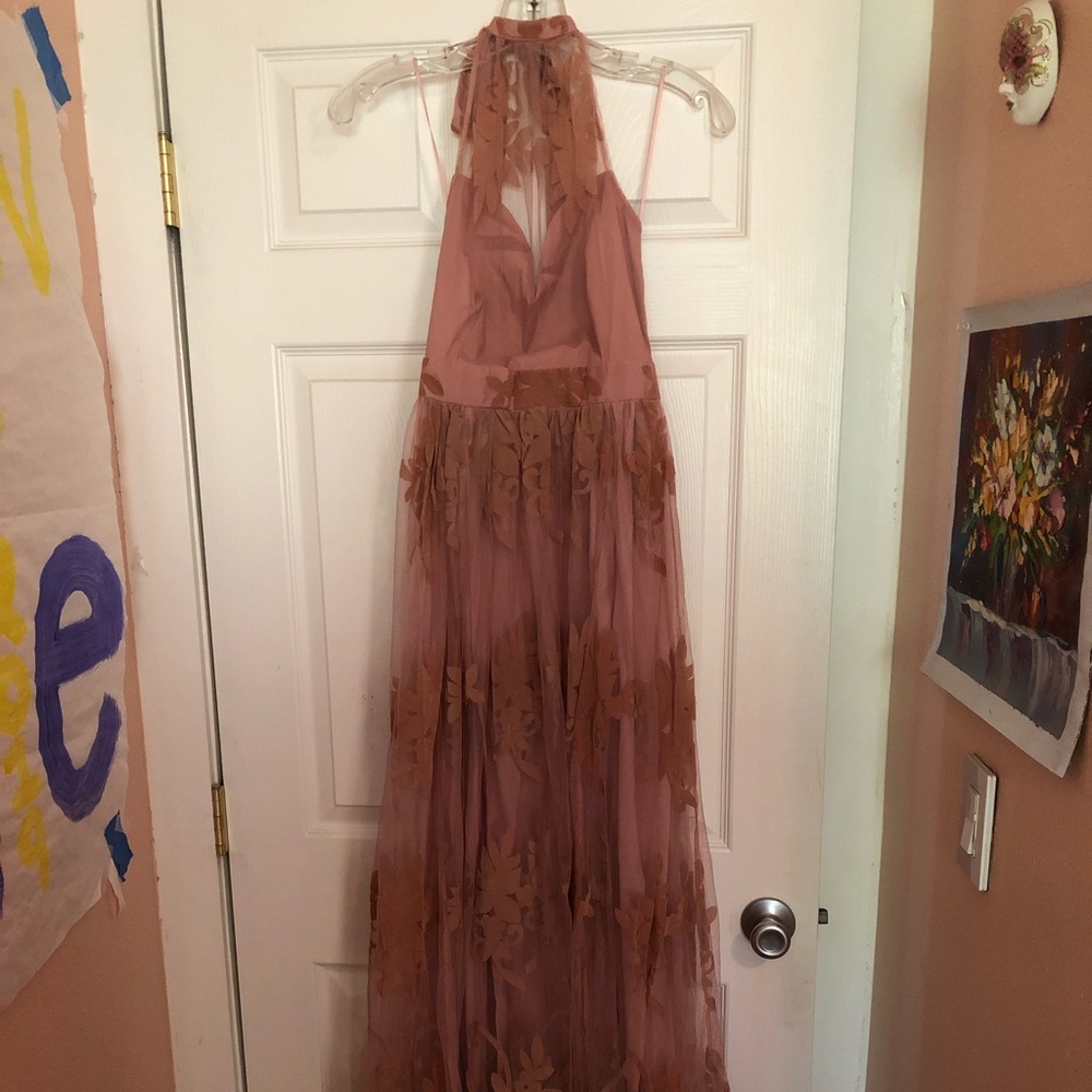Dusty rose floral prom dress